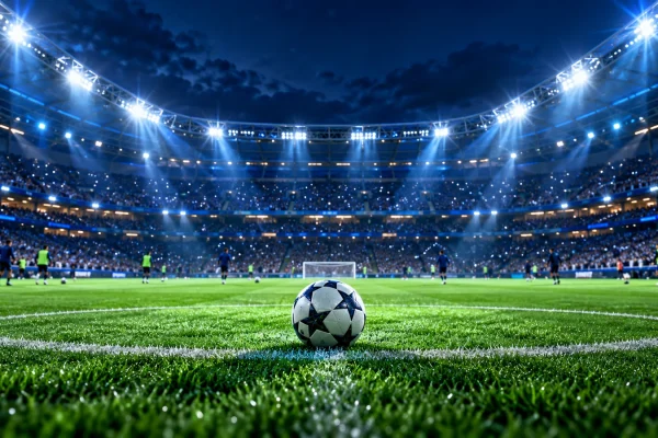 สนามฟุตบอลยุโรปยามค่ำคืนสำหรับการแข่งขันยูฟ่าแชมเปียนส์ลีก 2026/27